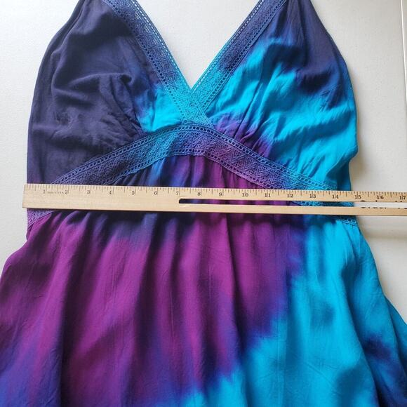 Vintage Sleeveless Empire Waist Tie Dye Blouse V Neck Crochet Lace Boho Hippie - Picture 7 of 14